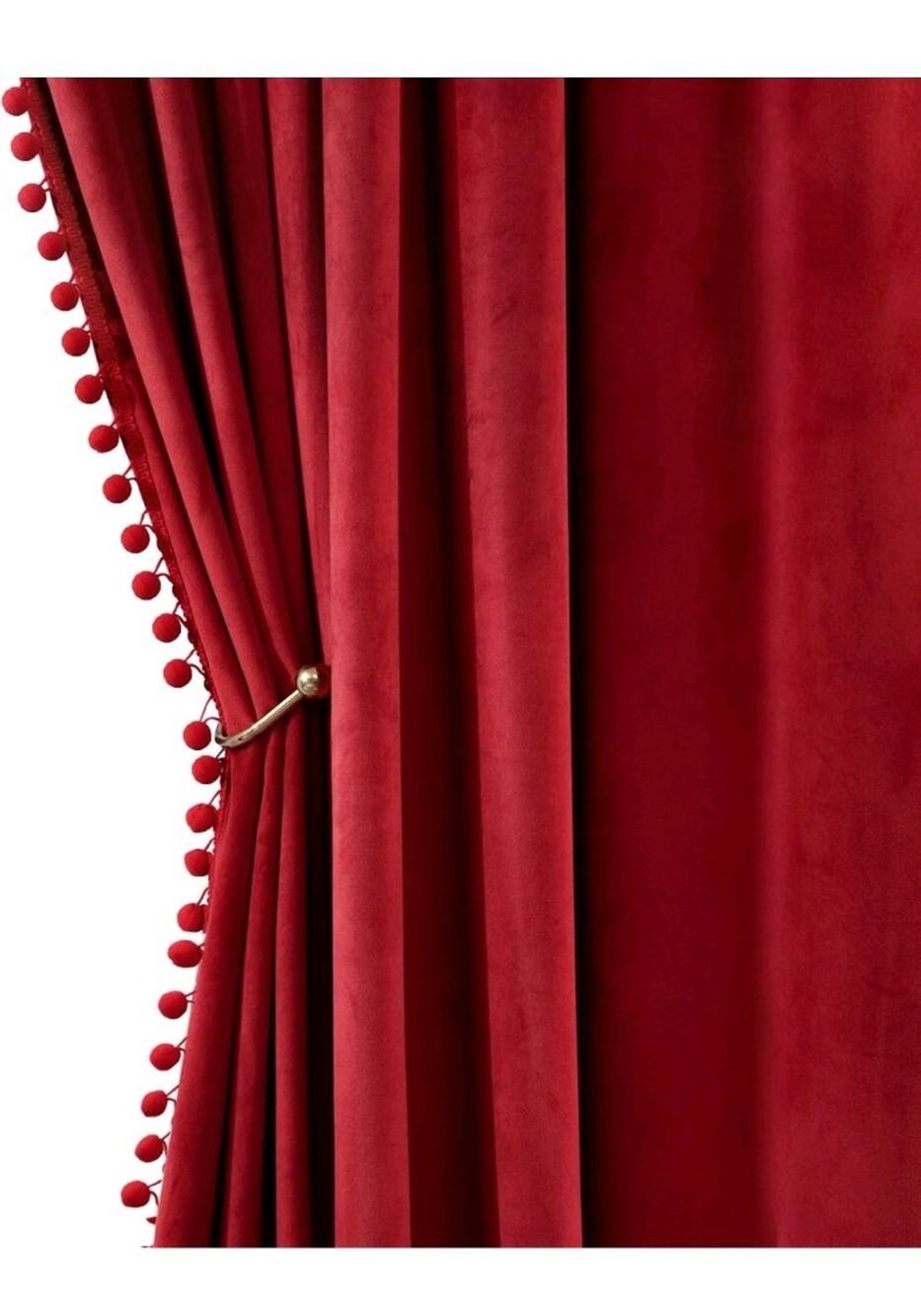 Red Pom Pom Velvet Curtains for Bedroom/Living Room Darkening Thermal Insulating